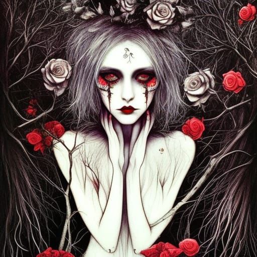 Gothic Portrait with White Hair and Black Roses