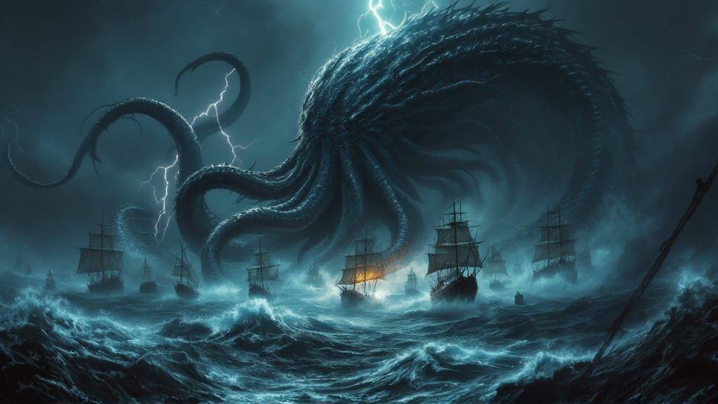 Kraken Attacks Fleet in Stormy Seas: Cinematic Capture
