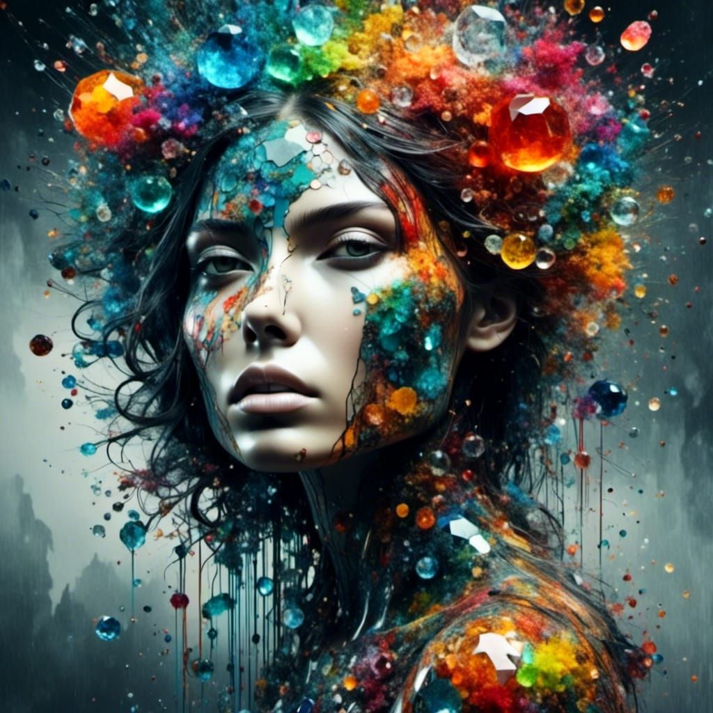 Crystalline Stone Woman with Muted Rainbow Colors