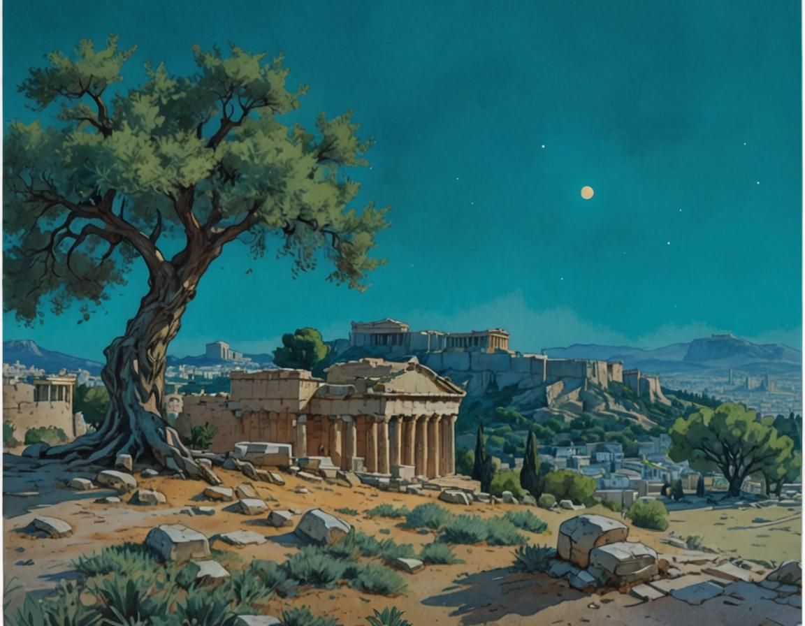Athens Acropolis Olive Tree in Watercolor Comic Style
