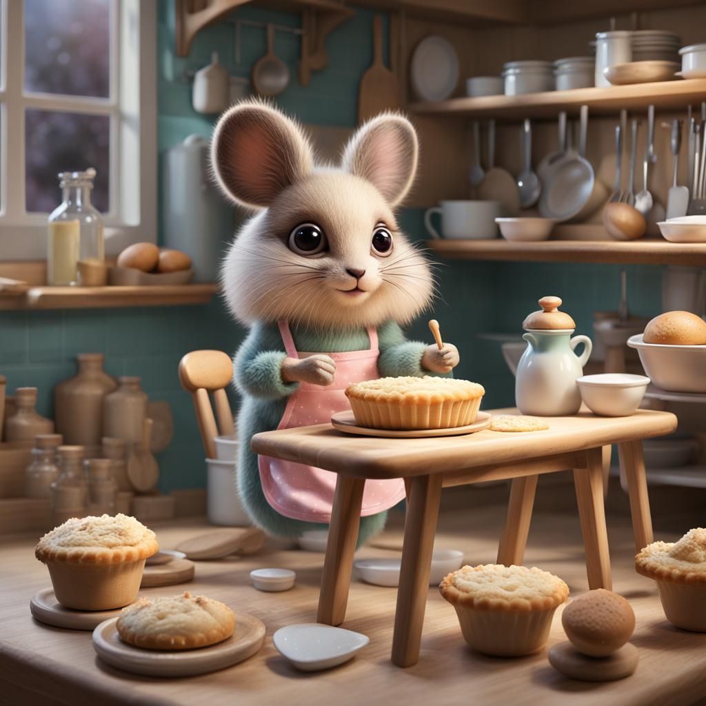 Adorable Fluffy Critter Baking Pies in Fanciful Kitchen