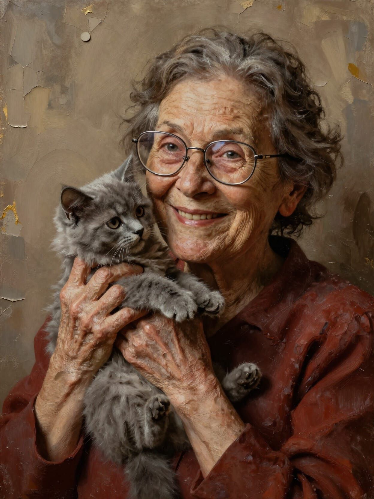 Joyful Elderly Woman with Angora Kitten in Painterly Realism