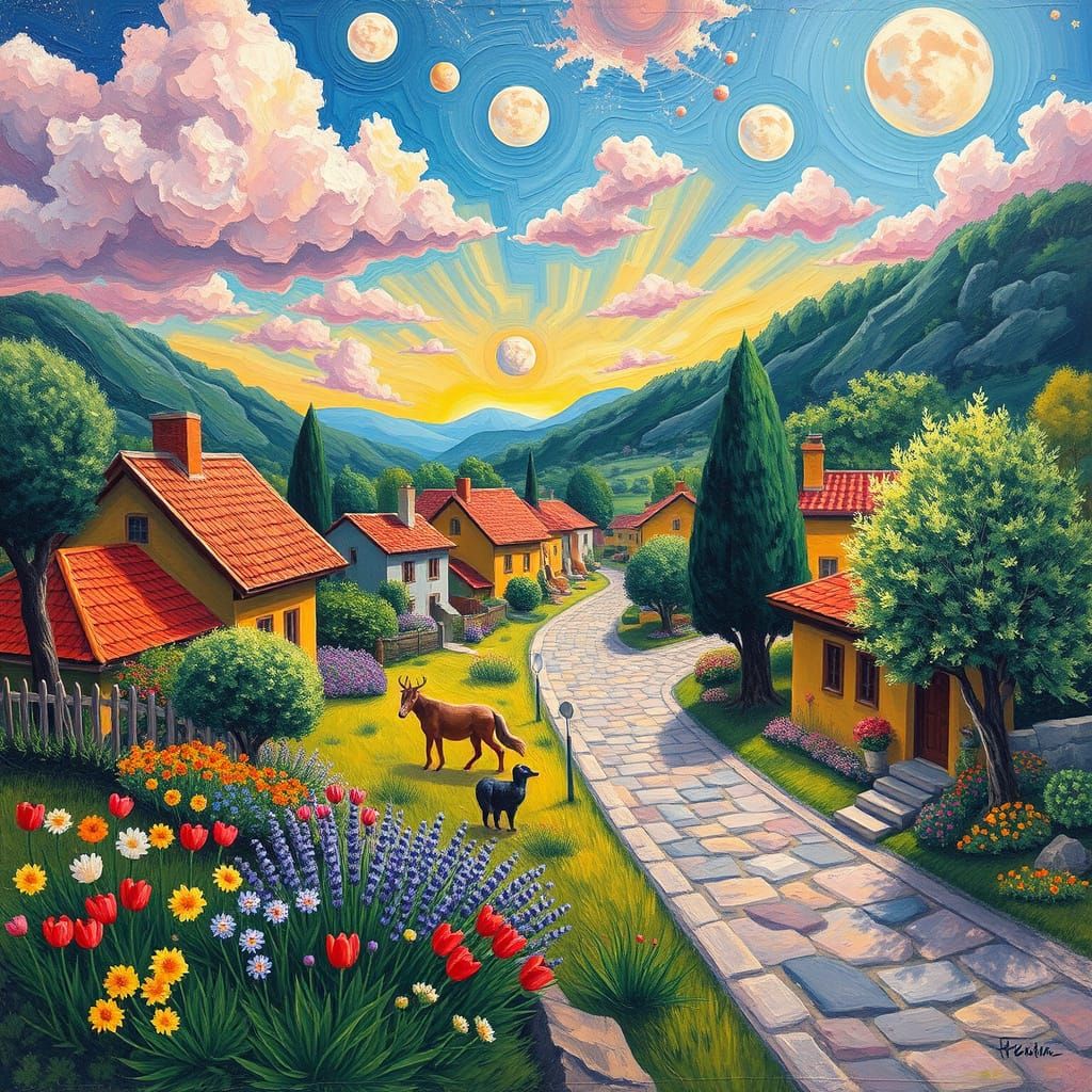 Wild Bold Fauvism surreal charming bright celestial spring painterly village