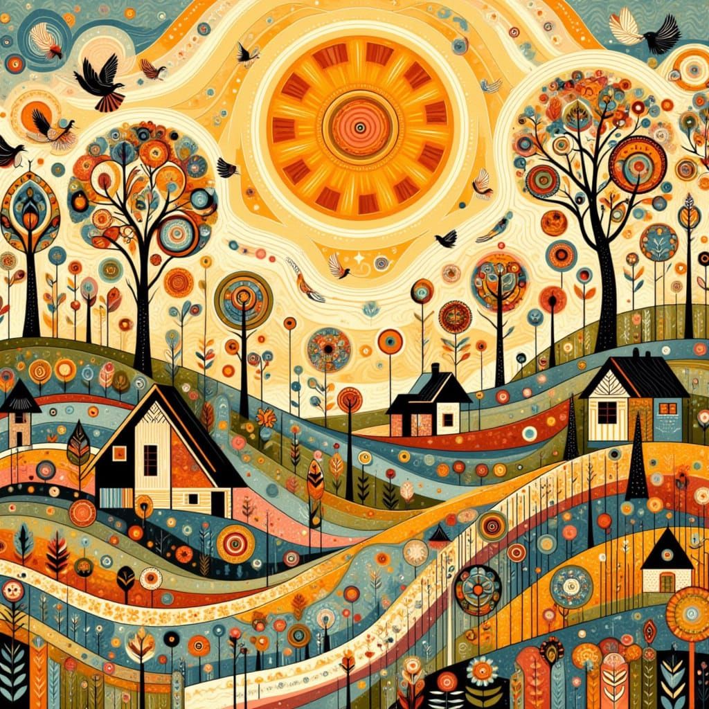 Whimsical Folk Art Landscape with Twisted Trees and Winding ...