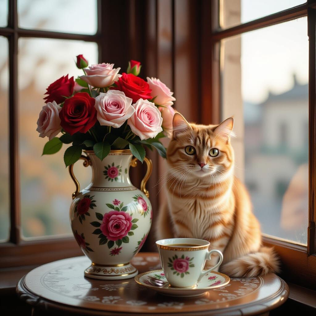 Beige Cat with Roses in Italian Film Style