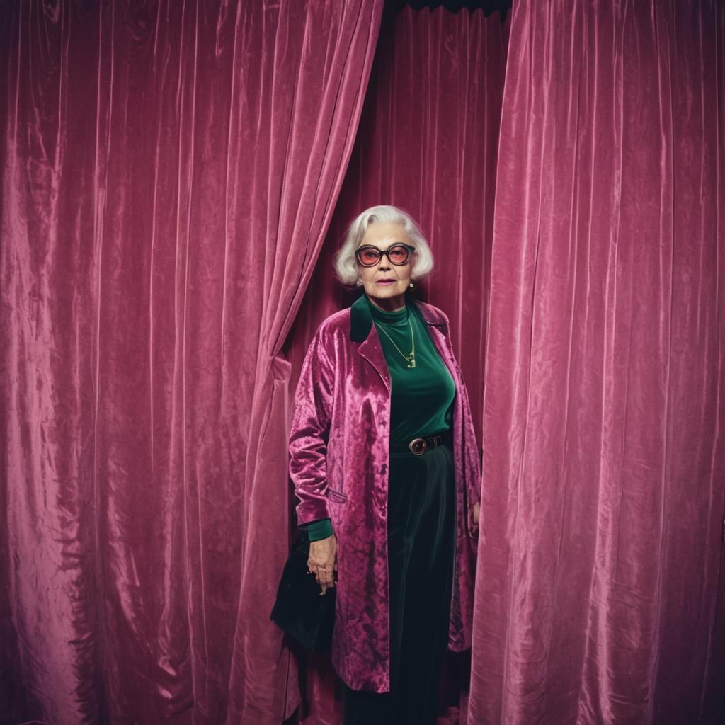 Dramatic Film Still of Elderly Woman in Velvet