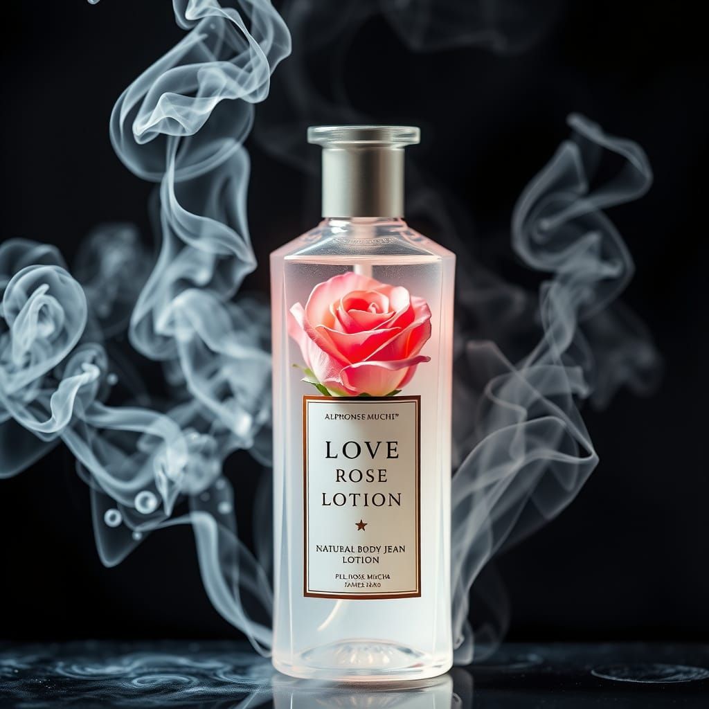 Elegant Rose Lotion in Crystal Bottle with Whimsical Smoke