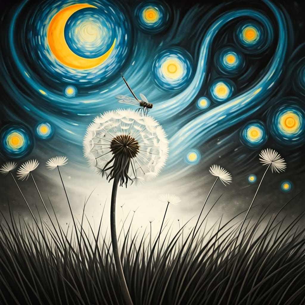 Dandelion and Dragonfly in Starry Night Sky