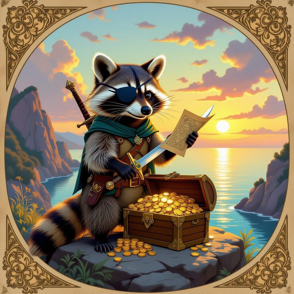Raccoon Pirate Guarding Treasure, Art Nouveau Style