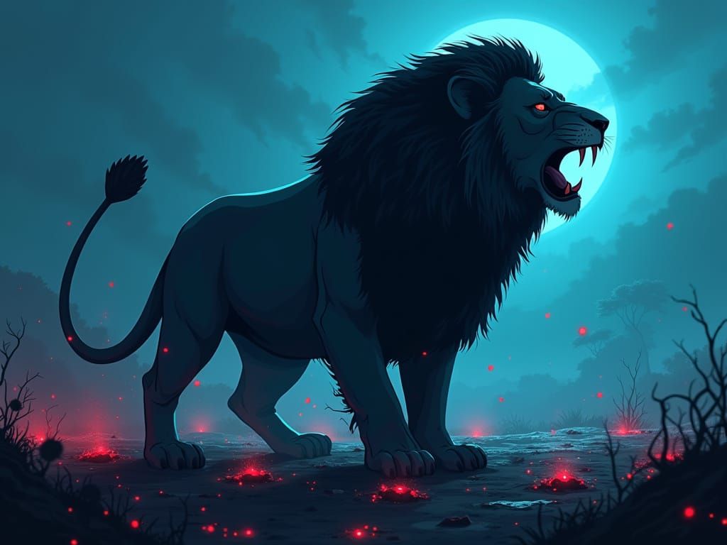 Majestic Lion Roaring in Vantablack and Cyan, Minimalist Sty...