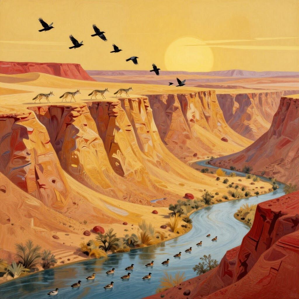 Desert Sunset with Crows and Coyotes