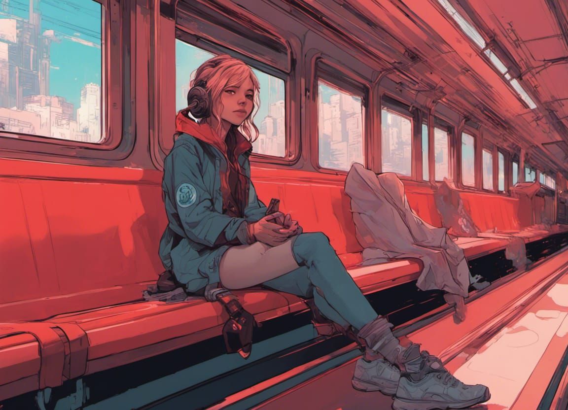 Anime Girl on Train in Cyberpunk Style