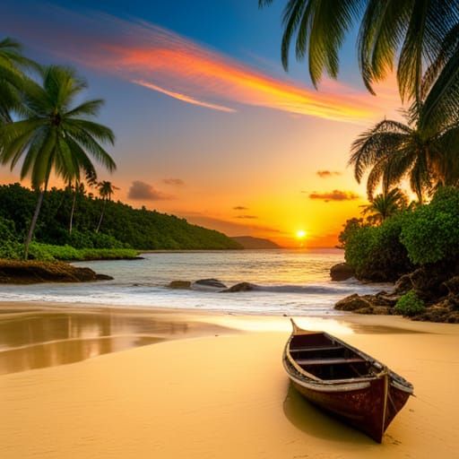 Tropical Beach Sunrise with Macaw Parrot