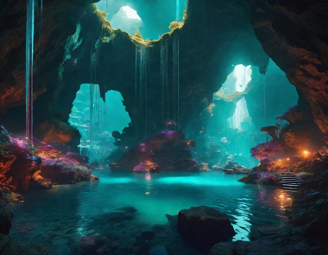 Magical Cavern with Surreal Pools in Hyperrealism
