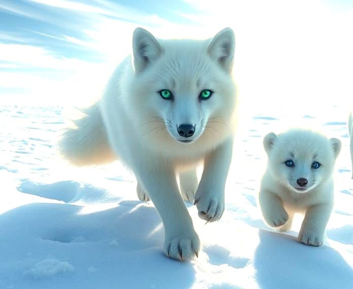 Polar Fox and Bear Cub in Snowy Scene