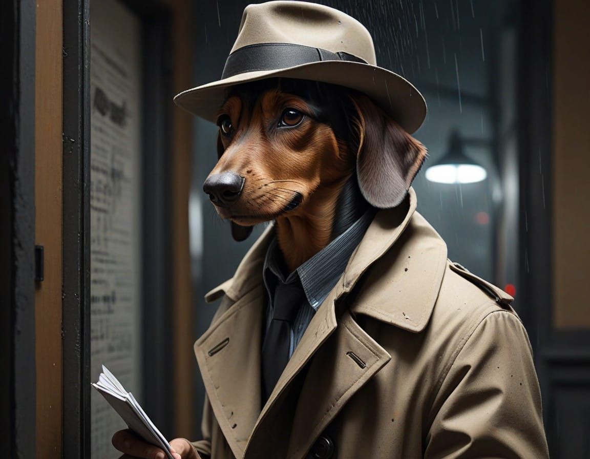 Noir Dachshund Detective Unravels Rainy Night Mystery