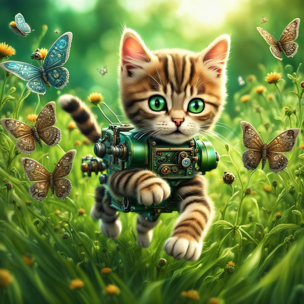 Steampunk Kitten's Robotic Butterfly Chase
