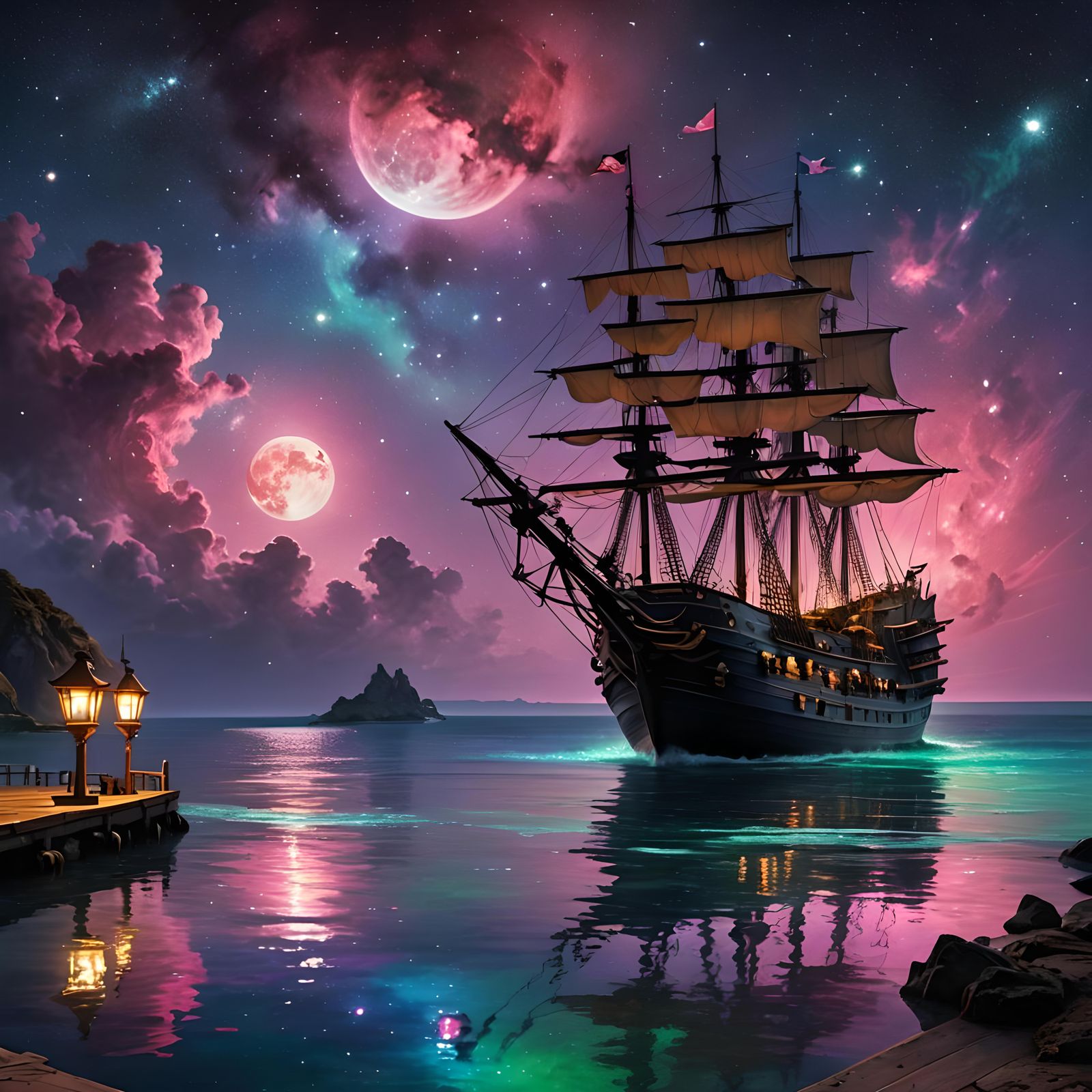 Galleon ship at harbour under full moon