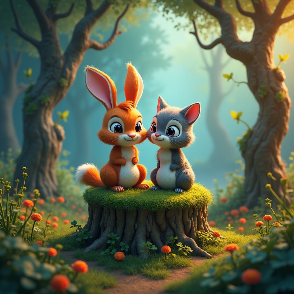 Bunny and Cat in Fantastical Forest Concept Art