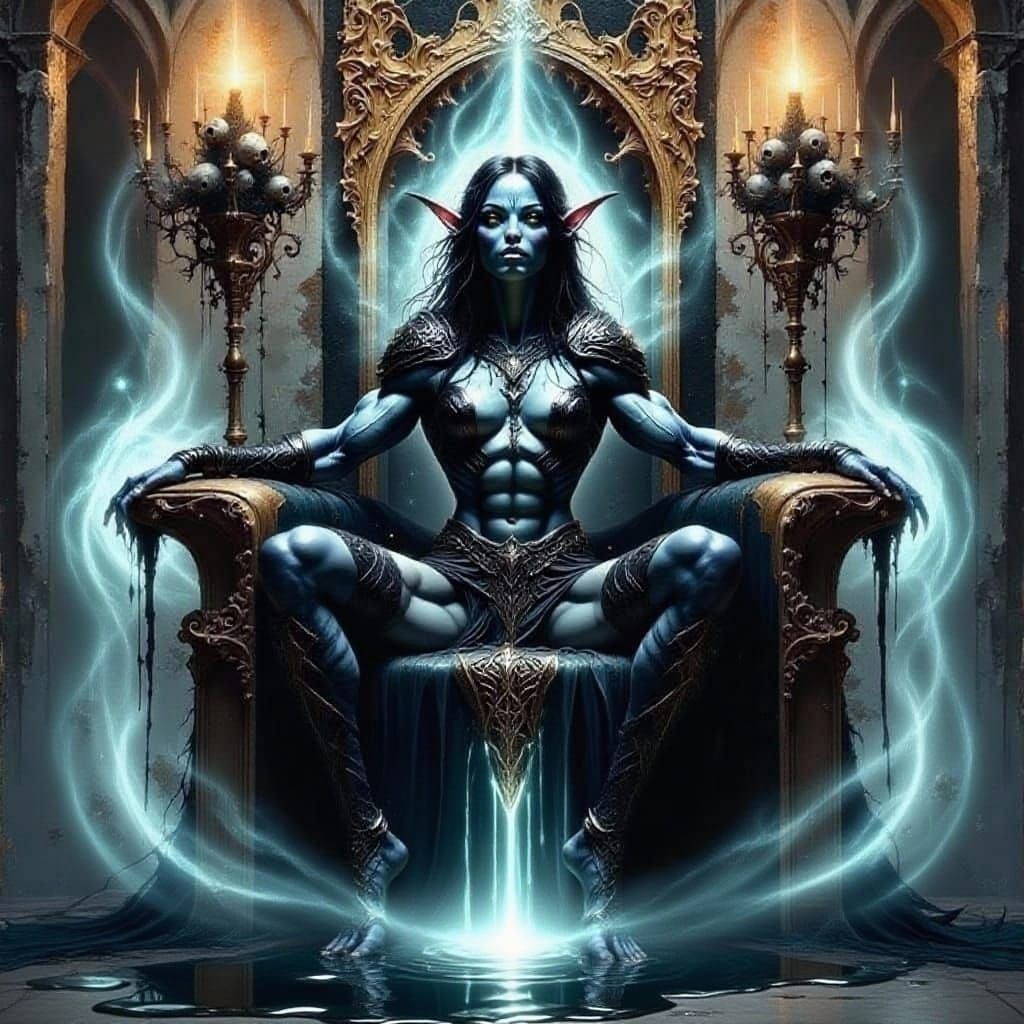 Drow Warrior Queen on Skull Throne: Dark Fantasy Art