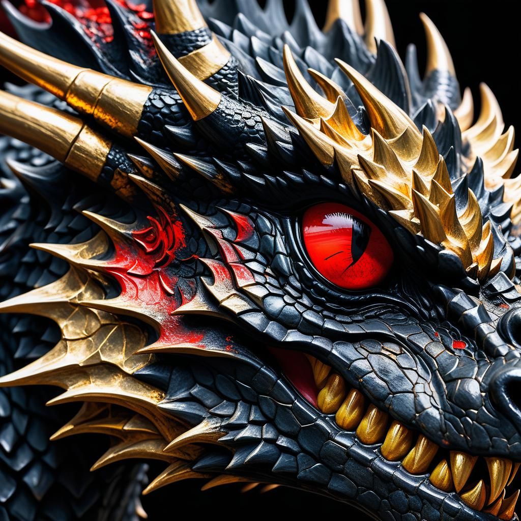 Dragon Eye Close-Up: Black, Gold and Red Oil Painting