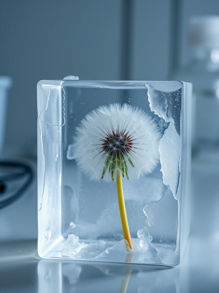 Dandelion Seed Head Trapped in Frozen Ice in a Scientific La...