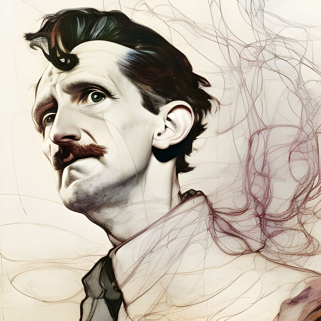 Orwell Portrait with Swirling Ideas, Hyperrealistic Art