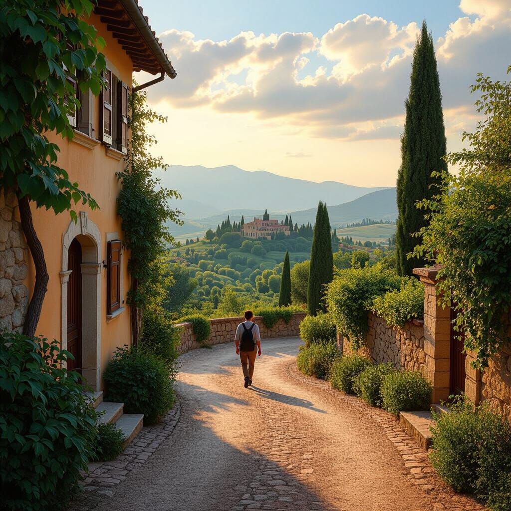 Italian Villa Road with Vines in Impressionist Style