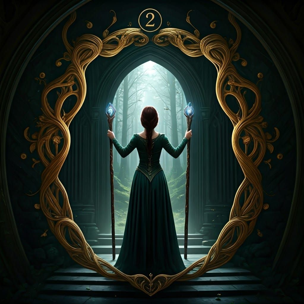 Woman with Staffs at Magical Doorway: Fantasy Concept Art