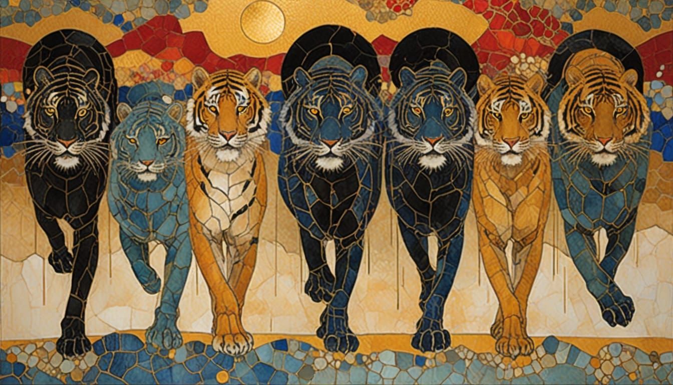 Impasto Tiger Sunset in Vibrant Ochre and Carmine Hues