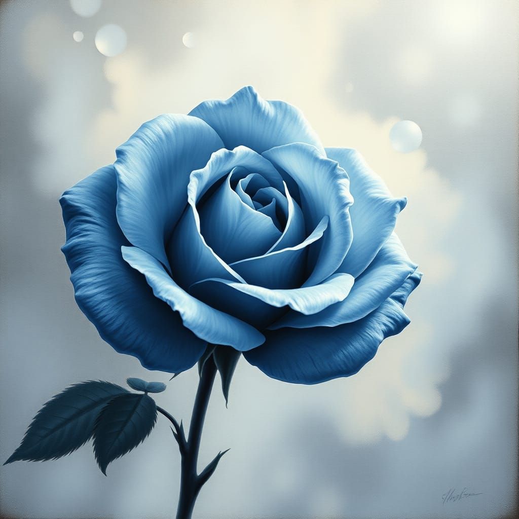 Blue Rose Charcoal Drawing in Gouache Watercolor Style