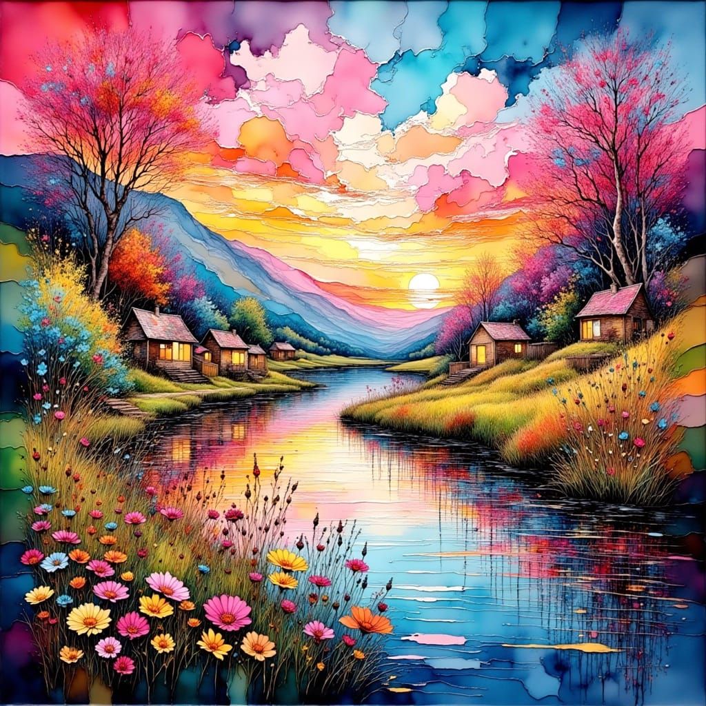 Dömsöd, Hungary: Neo-Impressionist River Landscape