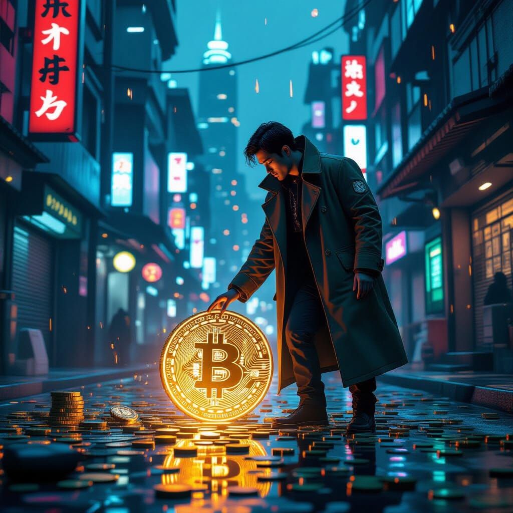 Retro-Futuristic Japanese Man Reaching for Bitcoin