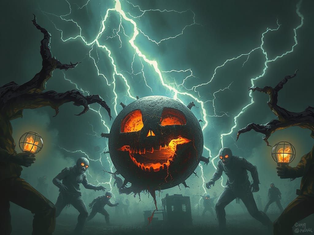 Sinister Zombie Gathering in Lightning Storm
