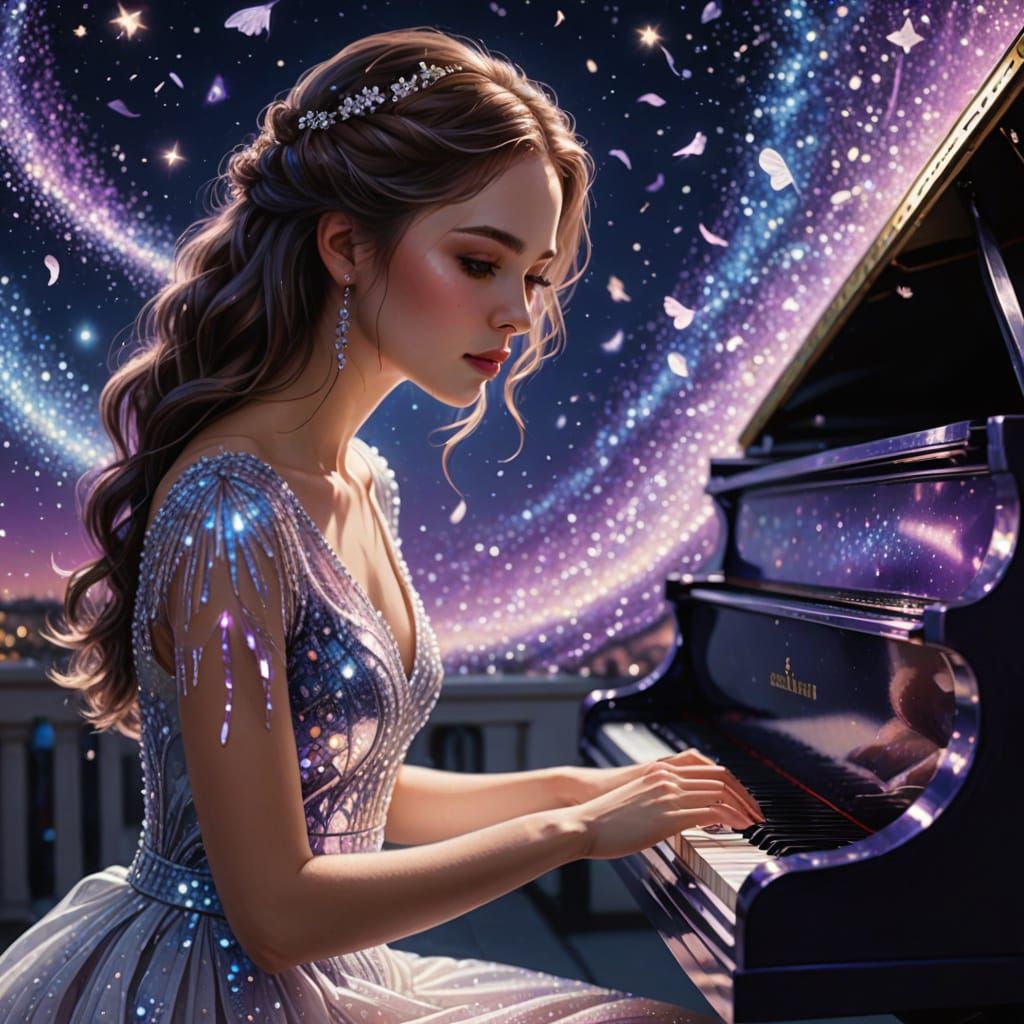 Woman Plays Transparent Piano in Space: Digital Art