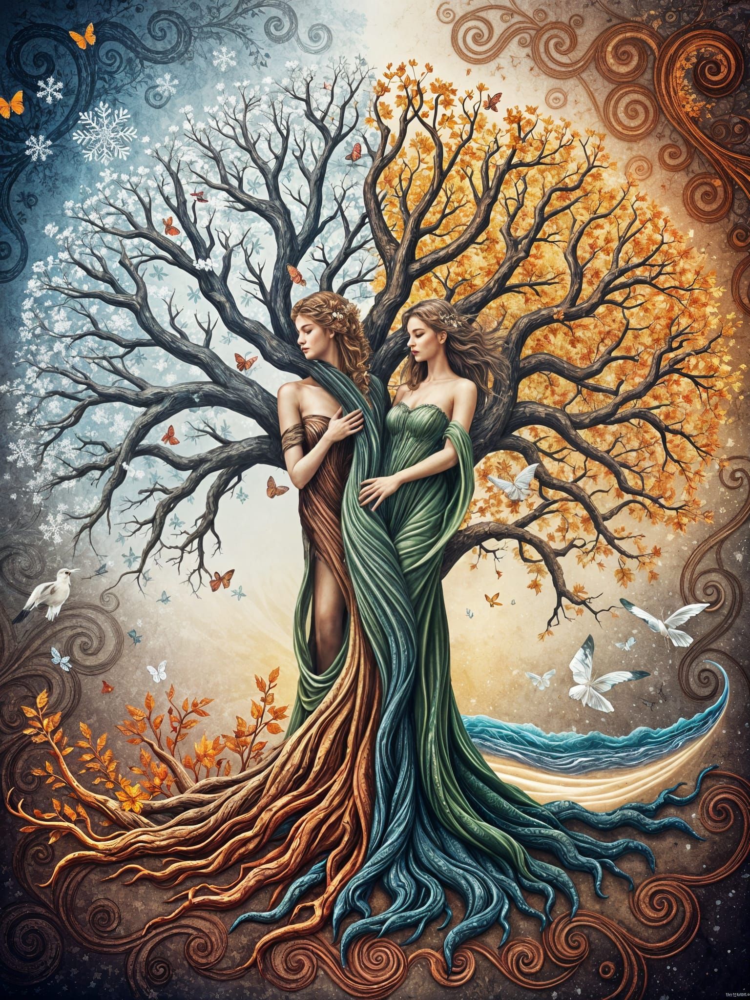 Four Seasons: Abstract Tree Women in Fractal Style