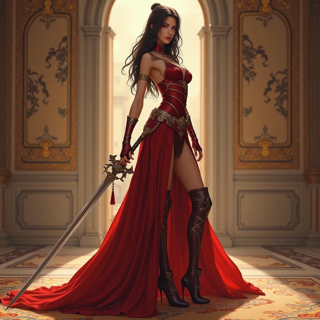 Elegant Fiora in Ornate Ballroom, Digital Art