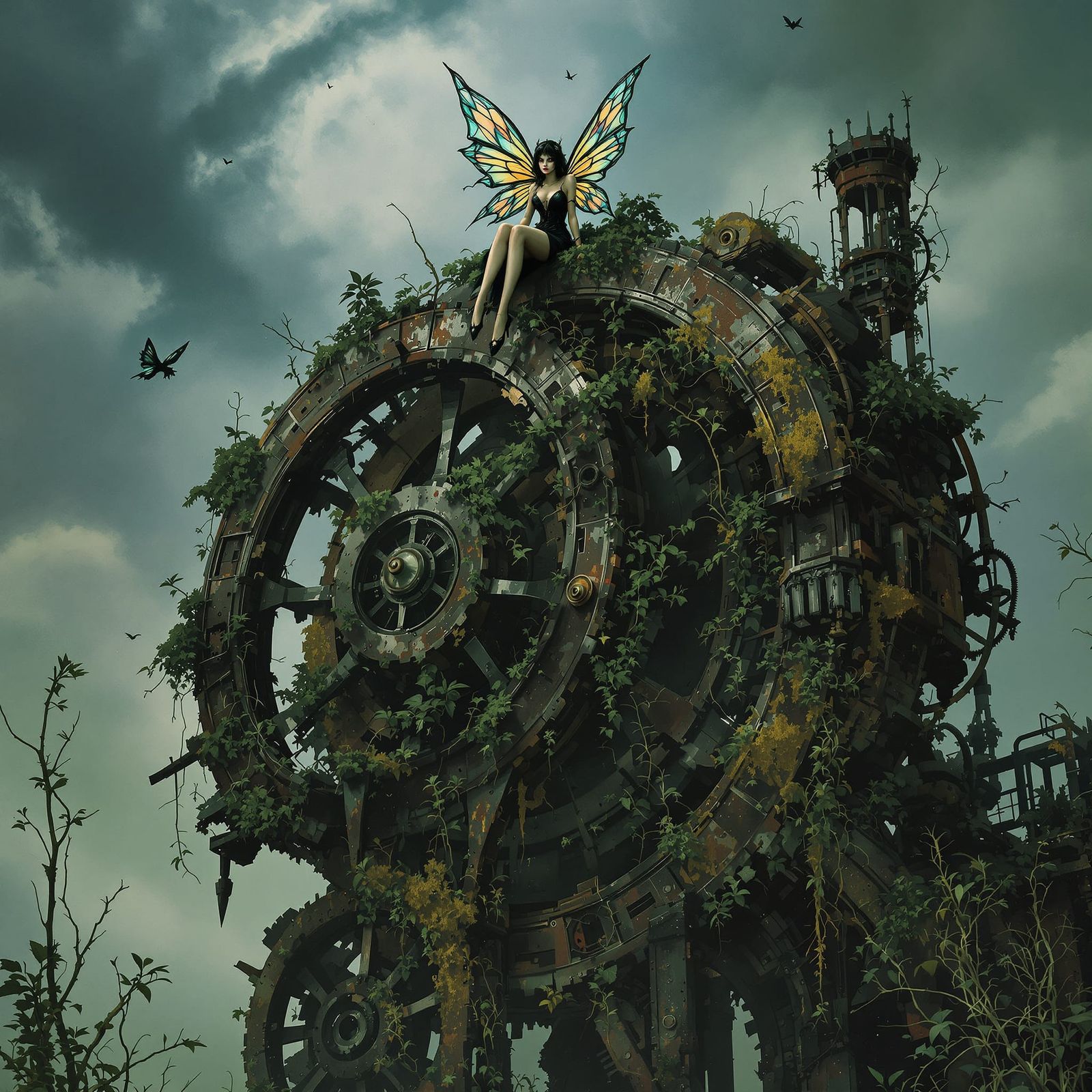 Gothic Fairy on Derelict Machine, Painterly Style