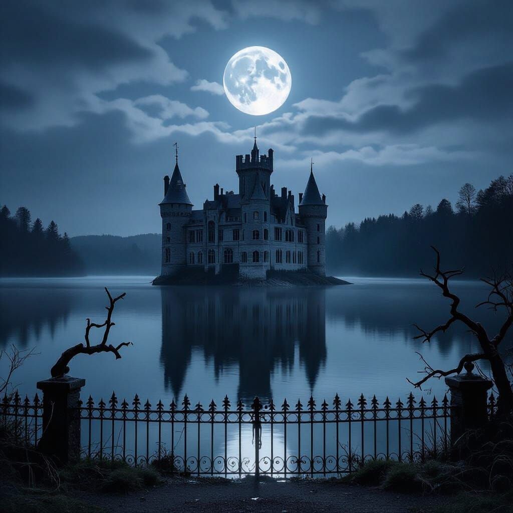 Eerie Gothic Castle at Midnight Over Dark Lake