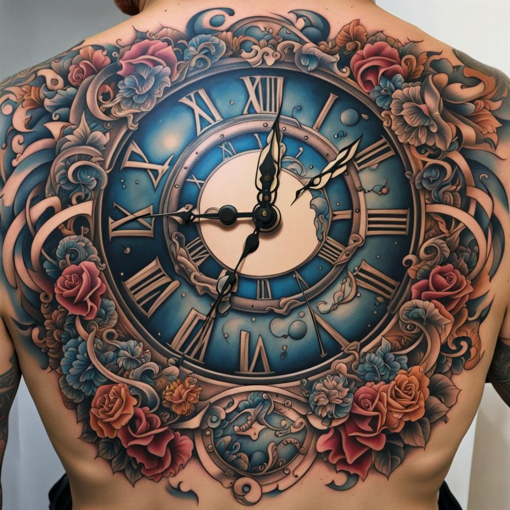 Neo-Traditional Gemini Clock Tattoo Design