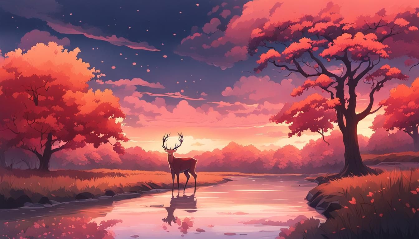 Deer at Calming River: Anime Style Sunset