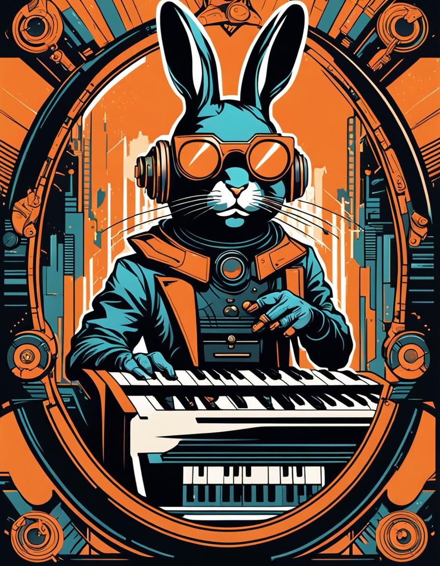 Angry Cyborg Rabbit Synthesizer in Retro Art Deco Style