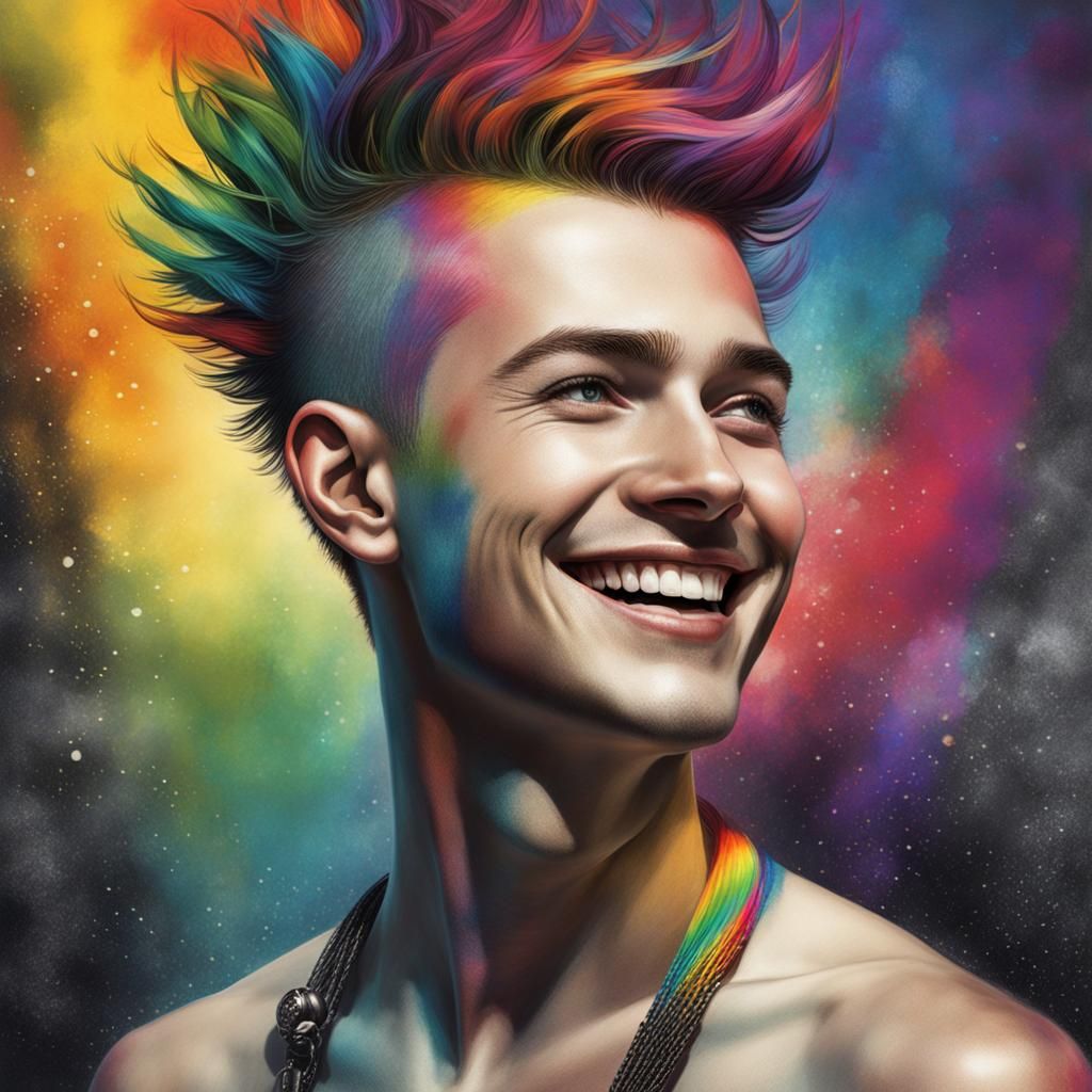 Rainbow Mohawk Man in Black Ink and Watercolor