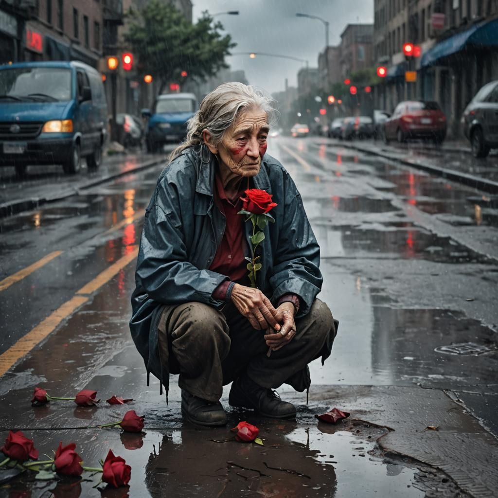 Homeless Woman with Rose: Hyperrealistic Concept Art