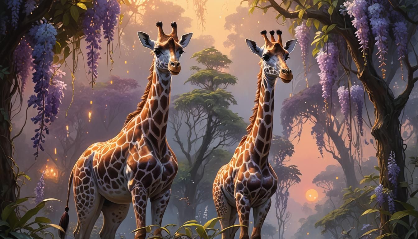 Fantasy Giraffe in Wisteria Jungle Oil Painting