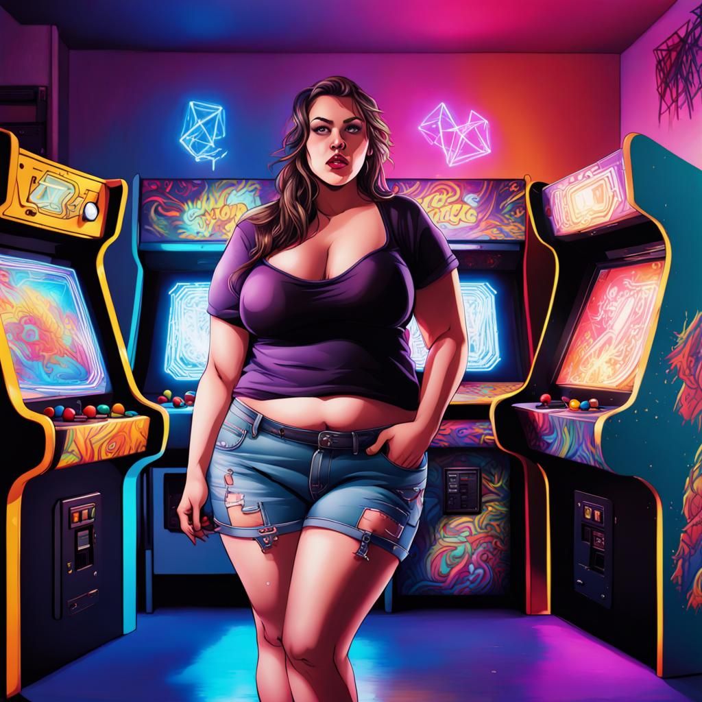 Plus-Sized Gamers in a 90s Style Arcade