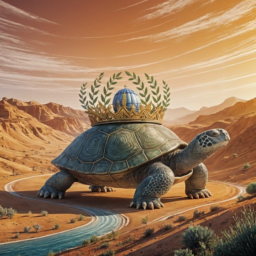 Giant Turtle Carrying Israel with Crown in Fantasy Style