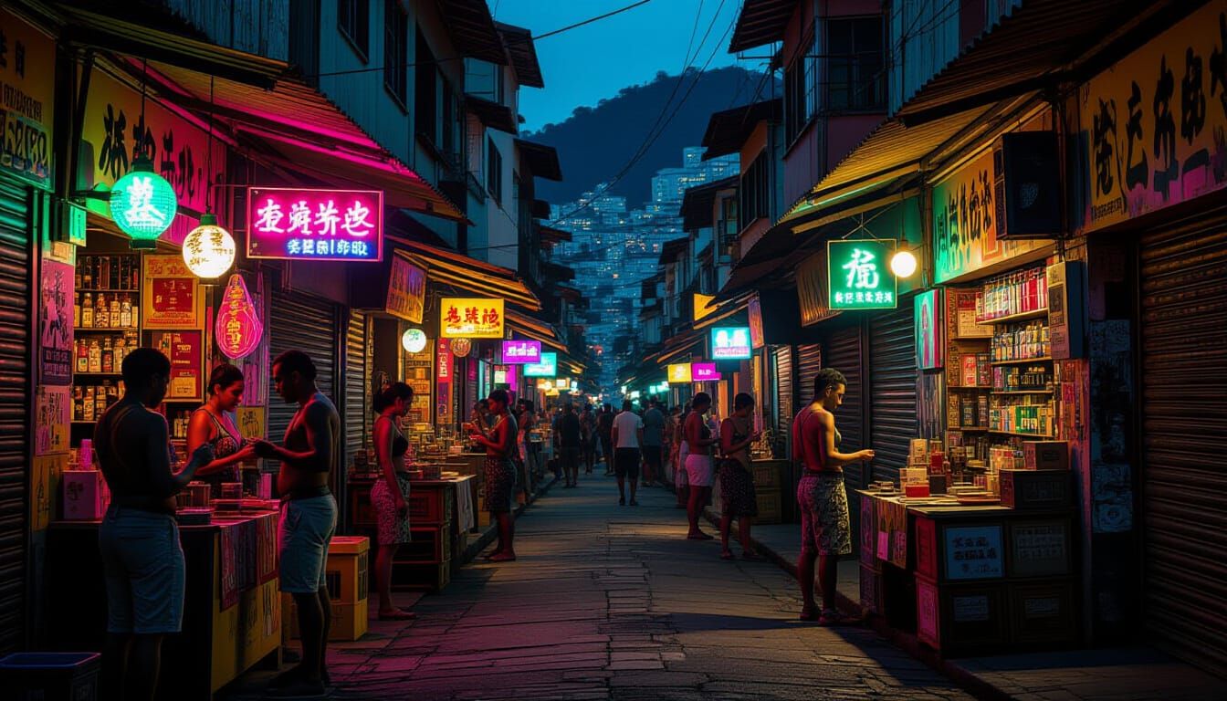 Cyberpunk Market in Rio Favelas, Neon-Lit Documentary