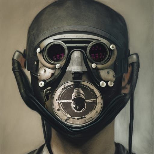 Masked Man Portrait in Dieselpunk Cyberpunk Style
