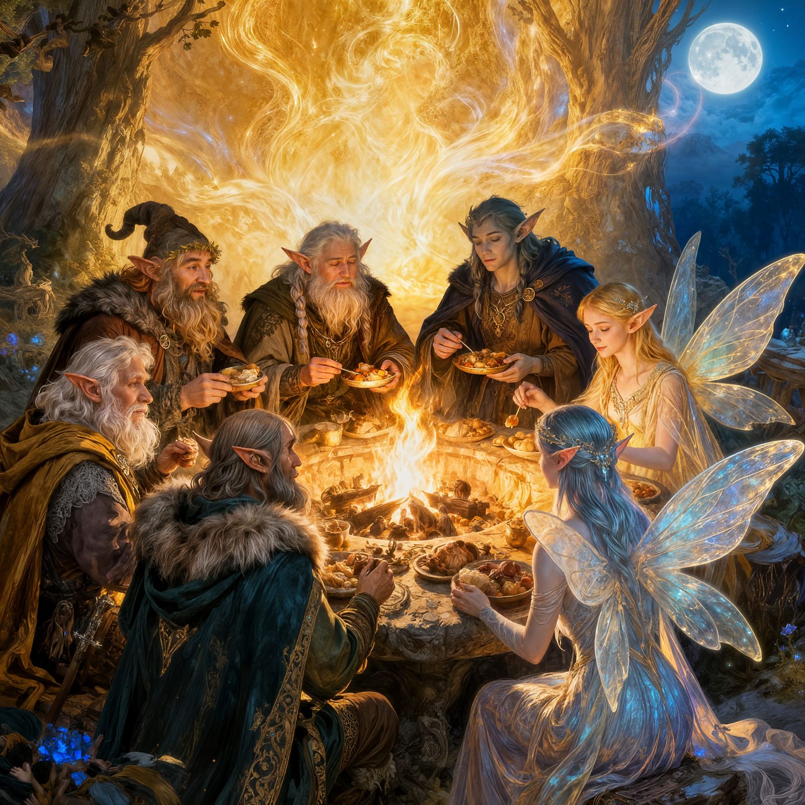Fantasy Creatures Gather Around Glowing Hearth in Digital Pa...